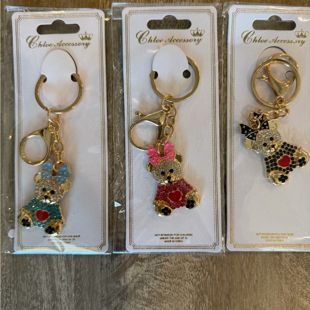 Party Pack- Gold Teddy Bear Bag Charm Keychain Blue, Pink and Black - Set of 3